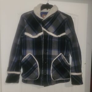 DieSel Co wool blend blue plaid coat with sherpa lining mens size medium